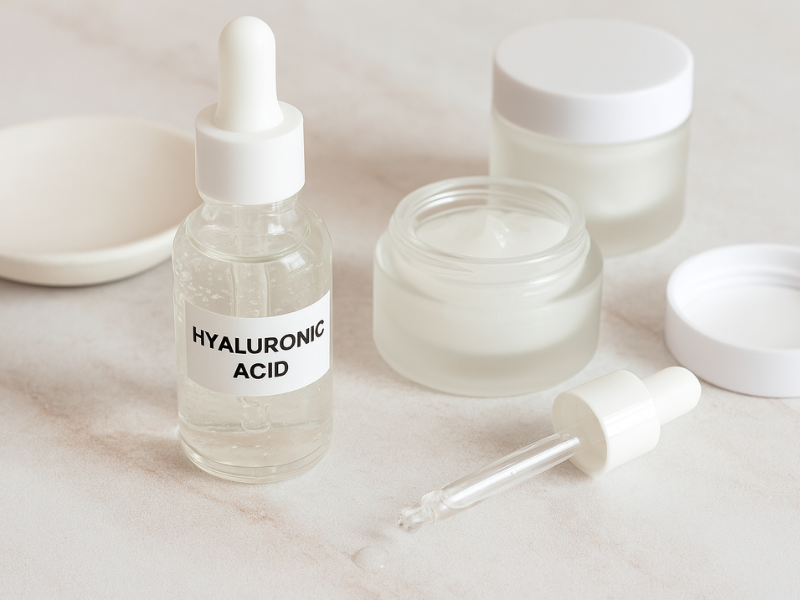 bote de sérum de àcido hialurónico sobre mesa blanca