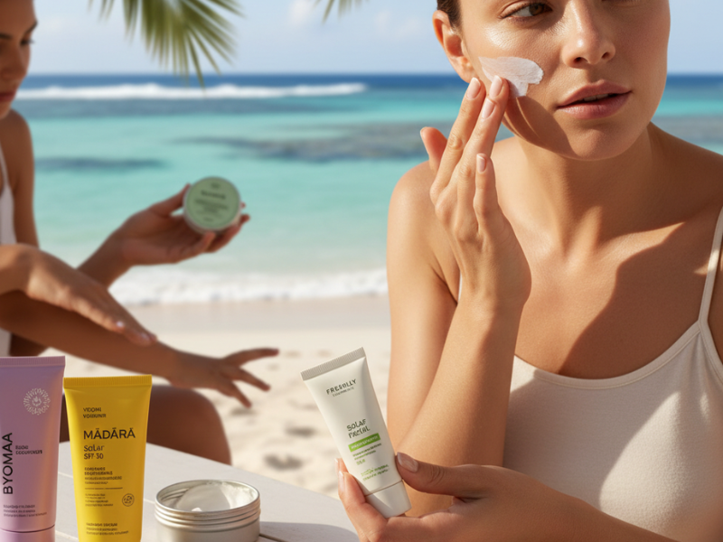 mujer aplicando protector solar vegano