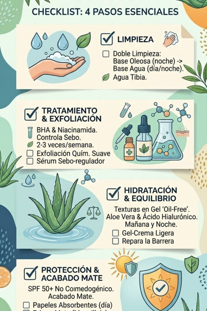 Infografía de rutina vegana para piel grasa