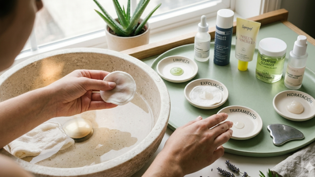 mujer en tocador frente a productos de rutina vegana para piel grasa